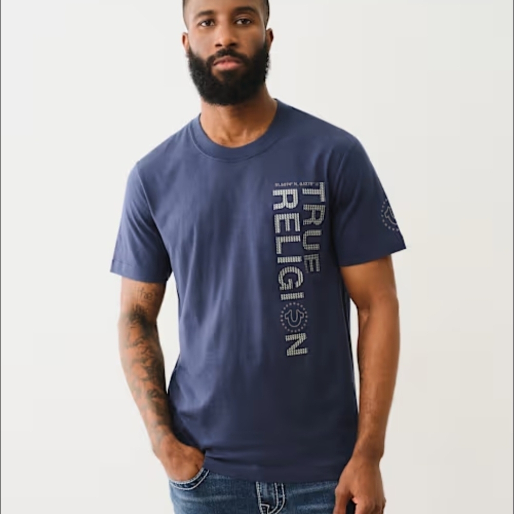 NWT True Religion Men's Blue Graphic Textured Short Sleeved Tee Size Medium‎